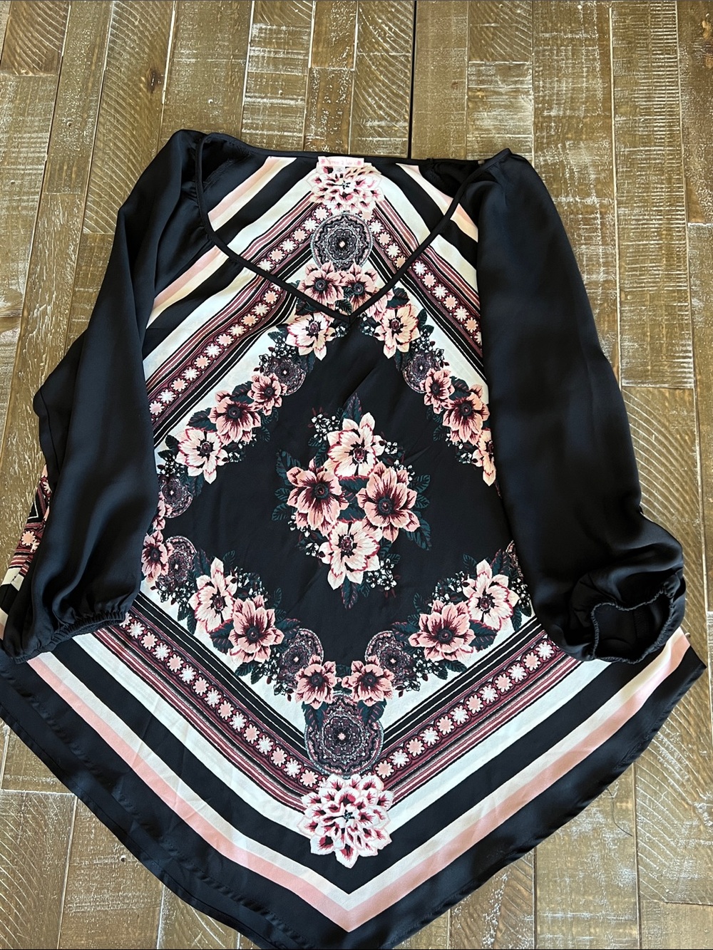 Black Floral V-Neck Blouse with Pink Accents